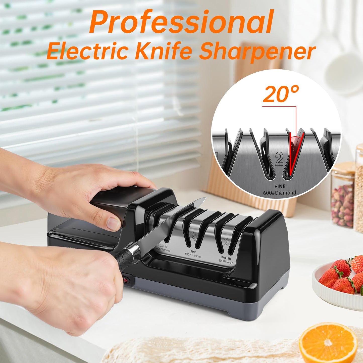 Enutogo Knife Sharpener, Professional 3-Stage Electric Knife Sharpener for Kitchen Knives, 100% Diamond Abrasive for 20° Precision Angle Guide, Quickly Sharpening and Polish Blades