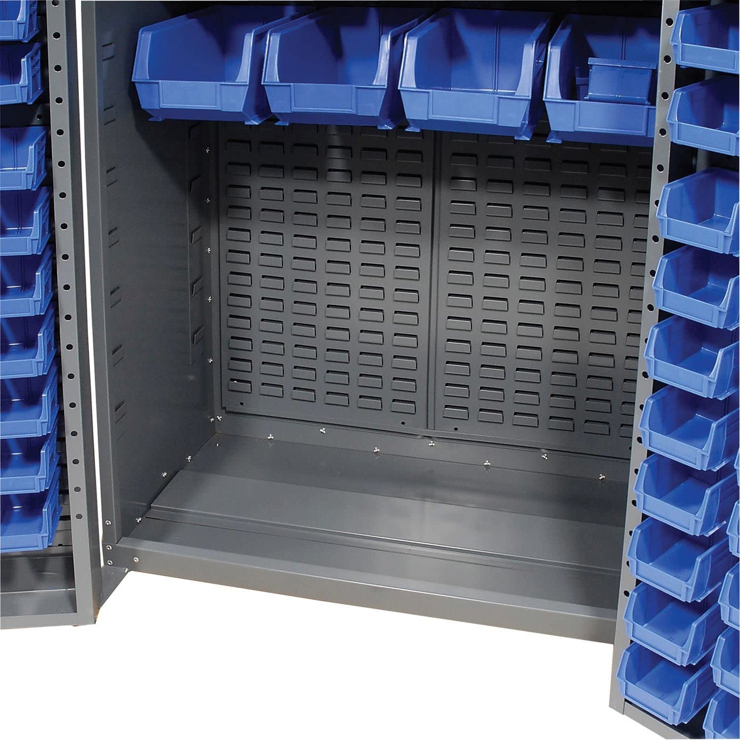 Global Industrial Deep Door Bin Cabinet, Includes 132 Blue Plastic Bins, Padlockable Steel Cabinet, 38" W x 24" D x 72" H, for Tool and Parts Storage, Assembly Required