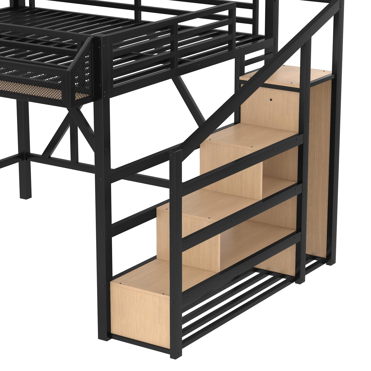 Queen Loft Bed with Stairs and Wardrobe, Queen Size Loft Bed with Charging Station, Lights and Bedside Shelf, Heavy Duty Loft Bed Frame for Adults, Teens, Kids, Noise Free, Natural Wood