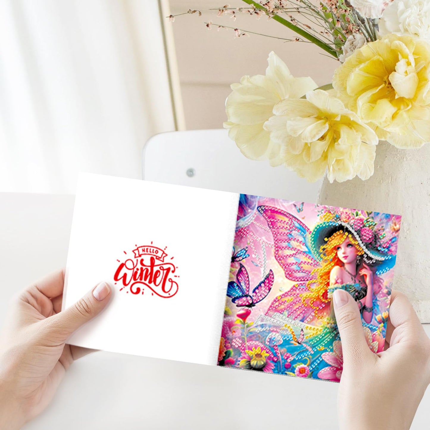 pigpigboss 6 Packs Fairy Diamond Painting Art Greeting Card with Envelope, Butterfly Flower Diamond Painting Greeting Card, Angel Wings Birthday Cards with Diamonds for Adult Birthday Blessing