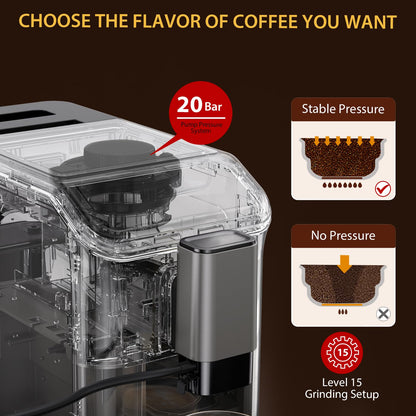 Automatic Espresso Machine with 20 Bar Pressure – One-Touch Coffee Maker, Built-in Grinder & Milk Frother, 6 Custom Recipes, 1.5L Water Tank, Auto Self-Cleaning, 120V for Home & Office (Grey)