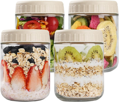 16oz 4 SHOWIN Overnight Oats Containers with Lids, Glass Jars with Lids pcs, Apricot, Wide Mouth Mason jars for Salad