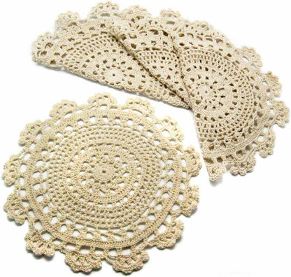 kilofly Handmade Crochet Round Cotton Lace Table Placemats Doilies Value Pack, 4 Medallion, 13 x 13 Inch, Beige