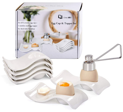 ChasBete Egg Cups for Soft Boiled Eggs, Ceramic Egg Cup, Soft Boiled Egg Holder 6 + 1 Egg Topper Cutter for Decor/Breakfast/Brunch