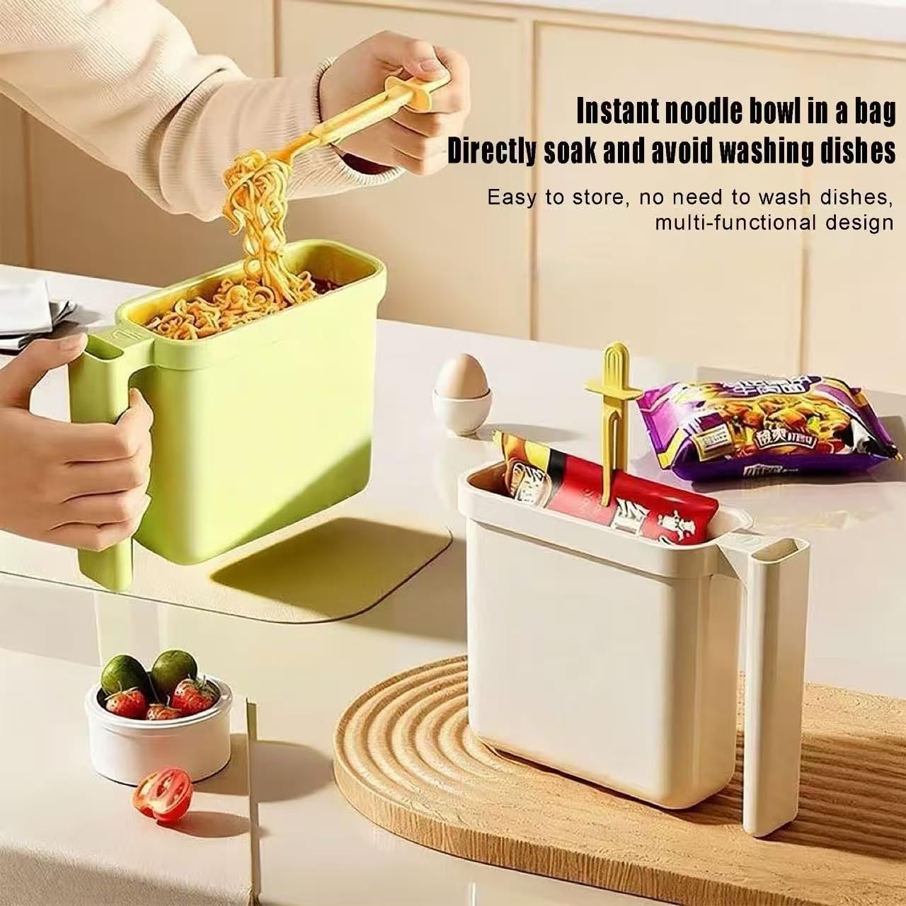 Rong Tian X Instant Noodle Bowl in a Bag, No Wash Direct Soak Design, Heat-Resistant Student Dormitory Ramen Bowl with Lid and Utensils (Matcha green)