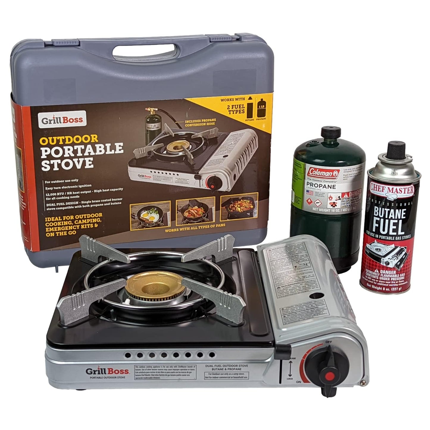 Grill Boss Dual Fuel Portable Stove, Dual Fuel Butane & Propane Stoves, 12K BTU Butane Camp Stove & Propane Portable Camping Stoves for Emergencies, Outdoor BBQ, Cooking, Hikings & Backpacking - 90057