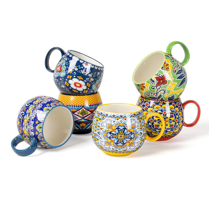 HENXFEN LEAD Boho Ceramic Coffee Mugs Set of 6 – 20 oz Large Porcelain Cups for Latte, Cappuccino, Tea, Cocoa & Soup – Microwave & Dishwasher Safe