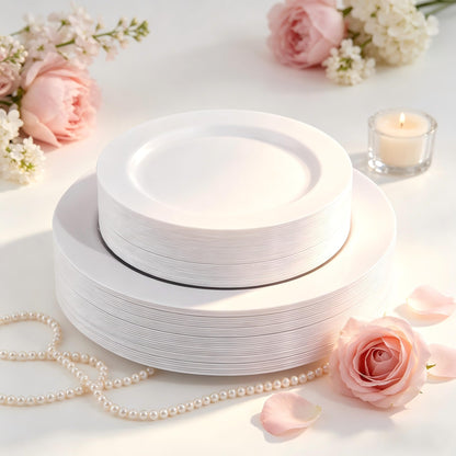 FLOWERCAT 60PCS White Plastic Plates - Heavy Duty White Disposable Plates for Mother's Day/Birthday Party/Wedding -serve for 30 guests Include 30PCS 10.25" & 30PCS 7.5" Plates for Party