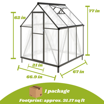 Jiliusure 6 x 6 FT Greenhouse for Outdoors, Polycarbonate Greenhouse with Quick Setup Structure and Roof Vent, Aluminum Large Walk-in Green House for Outside Garden Backyard, Dark Gray