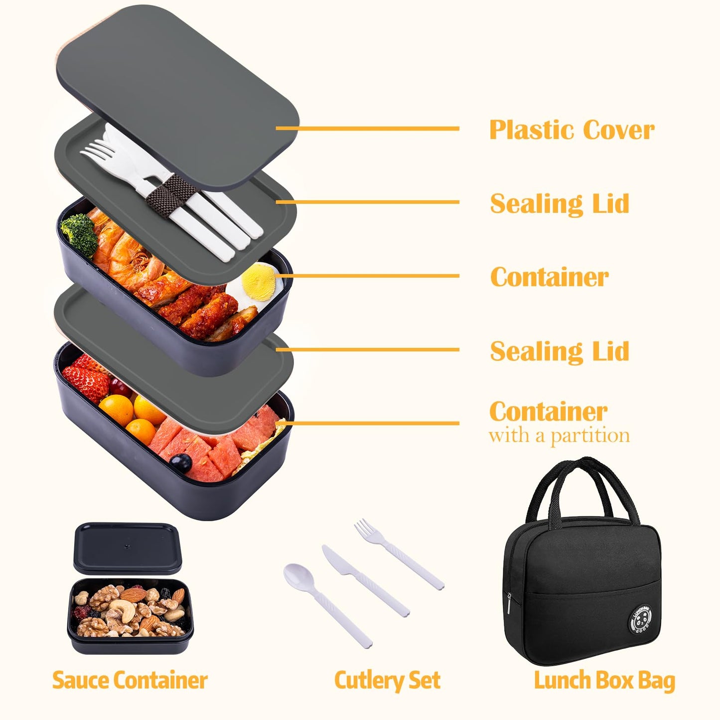 Healfyya Bento Box with Lunch Bag Microwavable All-in-One Meal Prep Compartment Lunch Containers with Utensils Leak Resistant Lunch Box with Sauce Container 60oz Gray