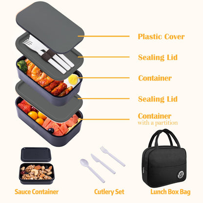 Healfyya Bento Box with Lunch Bag Microwavable All-in-One Meal Prep Compartment Lunch Containers with Utensils Leak Resistant Lunch Box with Sauce Container 60oz Gray