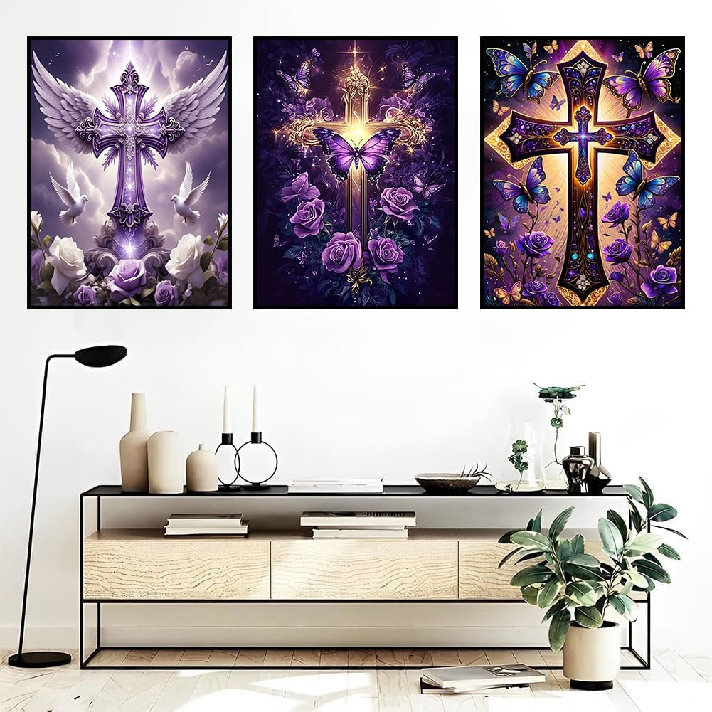croshom Cross Diamond Art Kits for Adults, 3 Packs Cross Diamond Painting Kits for Adults, 5D DIY Religious Full Round Drill Gem Craft for Adult Gifts, Home Wall Decor 11.8" x 15.7"