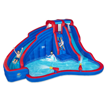 Sunny & Fun Double Dip Inflatable Water Slide Park – Heavy-Duty for Outdoor Fun - Climbing Wall, 2 Slides & Splash Pool – Easy to Set Up & Inflate with Included Air Pump & Carrying Case