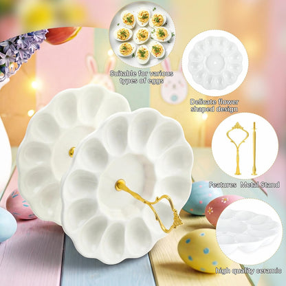 2 24 Countertop Tier Ceramic Easter Deviled Egg Platter Hole Deviled Egg Tray Container, Detachable Eggs Holder Tower
