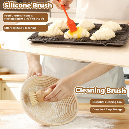Complete Bread Proofing Basket Kit | All-in-One Set with Banneton(9 in), Sourdough Starter Jar Kit, Bread Lame, Dough Scraper, Whisk, Cutter & Tools