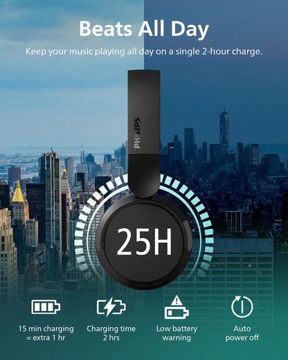 PHILIPS H3209 Wireless Headphones,On-Ear Bluetooth Headphones, Dynamic Bass, Sound Signature,Clear Call,25H Battery Life,Fast Charging,Soft Ear Cups,Bluetooth 5.3,Compact Design,Light,Dark Black