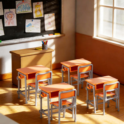 Toddmomy Miniature Plastic Classroom Desk and Chair 4-Set, Realistic Dollhouse School Furniture Accessories for Diorama Decor