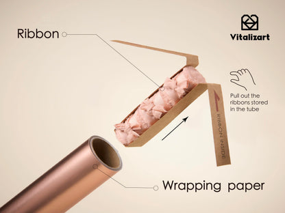 Vitalizart Pink Matte Metallic Wrapping Paper Set 17" With Silk Satin Ribbon & Gift Tags Christmas Gift Wrapping Birthday Baby Shower Wedding Bouquets Handmade Crafts 197"(16.4 Ft) Pink Ribbon