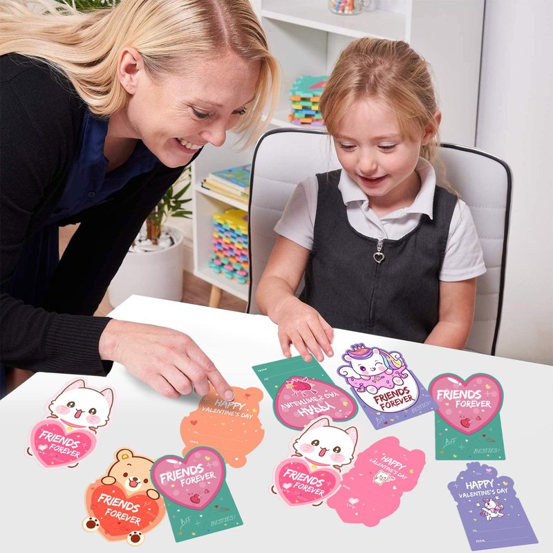 Valentines Day Cards for Kids, 24 Pack Valentines Gift Classroom Cards with Galentines Friendship Bead Bracelets, Valentines Gift Exchange for Boys Girls, Valentines Party Favors Supplies for Kids
