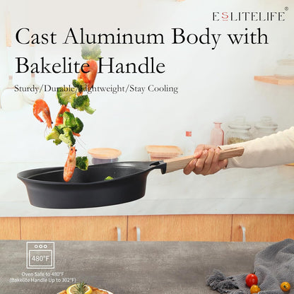ESLITE LIFE Nonstick Deep Frying Pan Skillet with Lid, 9.5 Inch Healthy Granite Coating (Black)