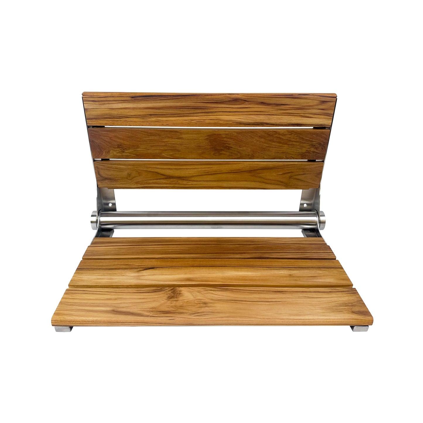 Teak Shower Seat Bench with Back - Wall Mounted Fold Up Shower Seat, Waterproof Folding Teak Bath Chair for Seniors, 304 Stainless Steel, with 300 lbs Capacity - 24" Length, Brushed Stainless Finish
