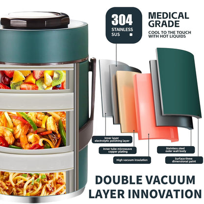 Gicklov 67 oz Adults Stainless Steel Vacuum Insulated Wide Mouth Soup Food Thermo Hot Food Jar with Keep Thermal Portable 3 Tier Stackable Bento Hot Food Containers Lunch Boxes (67 oz Green)