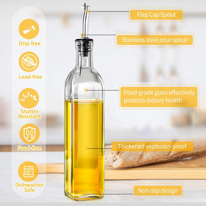 TFPOGOLD Olive Oil Dispenser Bottle - 500ml Glass Oil and Vinegar Bottles Set for Kitchen with 2 Stainless Steel Pourers, Funnel, Brush and 2 Labels, Kitchen Oil Bottles with Drip-Free Design