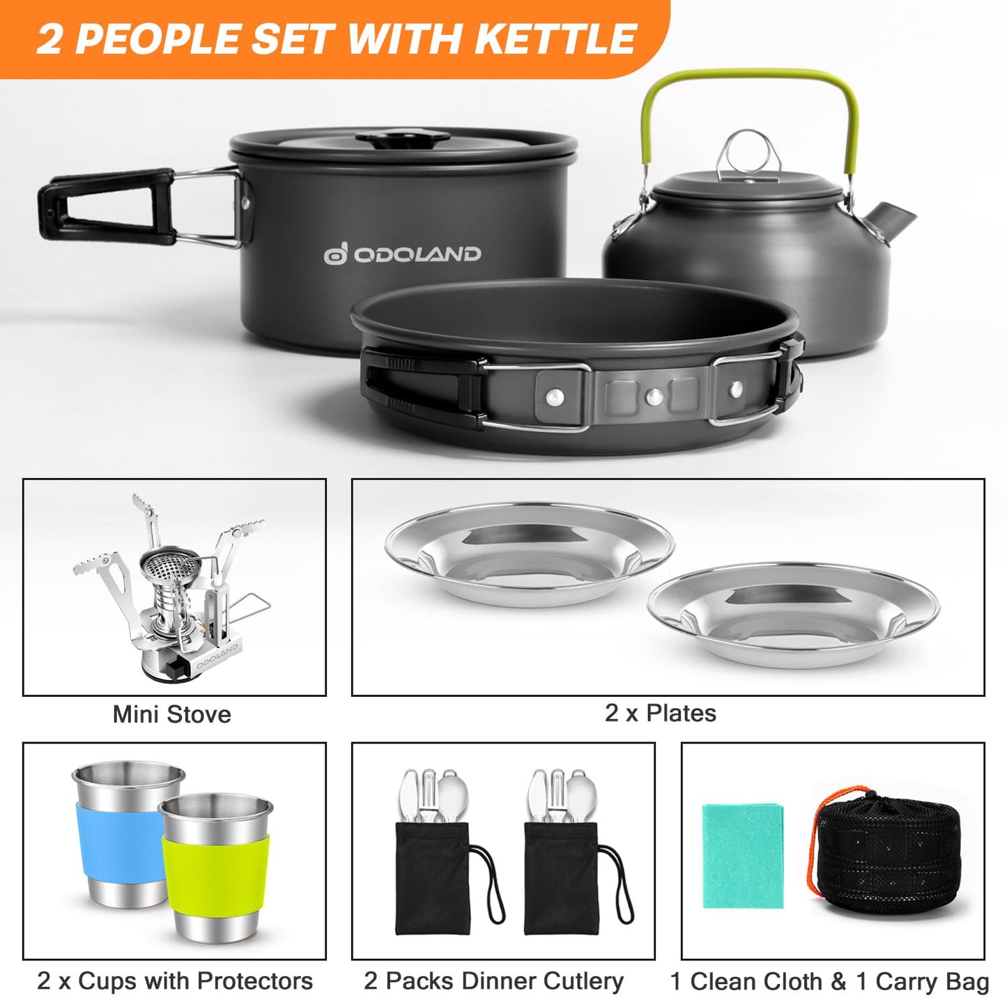 Odoland 16pcs Camping Cookware Set with Folding Camping Stove, Non-Stick Lightweight Pot Pan Kettle Set with Stainless Steel Cups Plates Forks Knives Spoons for Camping Backpacking Outdoor Picnic