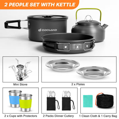 Odoland 16pcs Camping Cookware Set with Folding Camping Stove, Non-Stick Lightweight Pot Pan Kettle Set with Stainless Steel Cups Plates Forks Knives Spoons for Camping Backpacking Outdoor Picnic