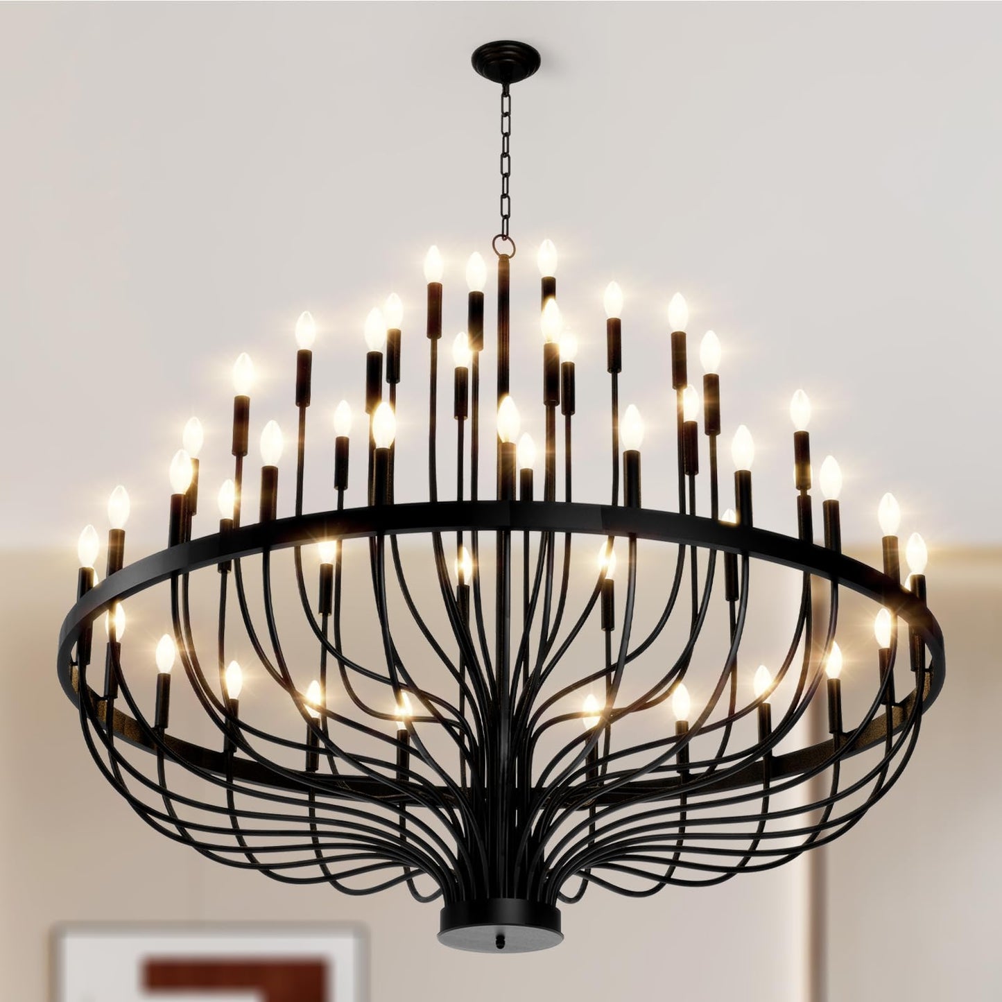 VBKK 60" 48-Light Extra Large Chandelier, Black Foyer Chandeliers for High Ceilings, Modern Farmhouse Light Fixtures for Dining Room Kitchen Island, E12 Vintage Rustic Industrial Candle Chandeliers