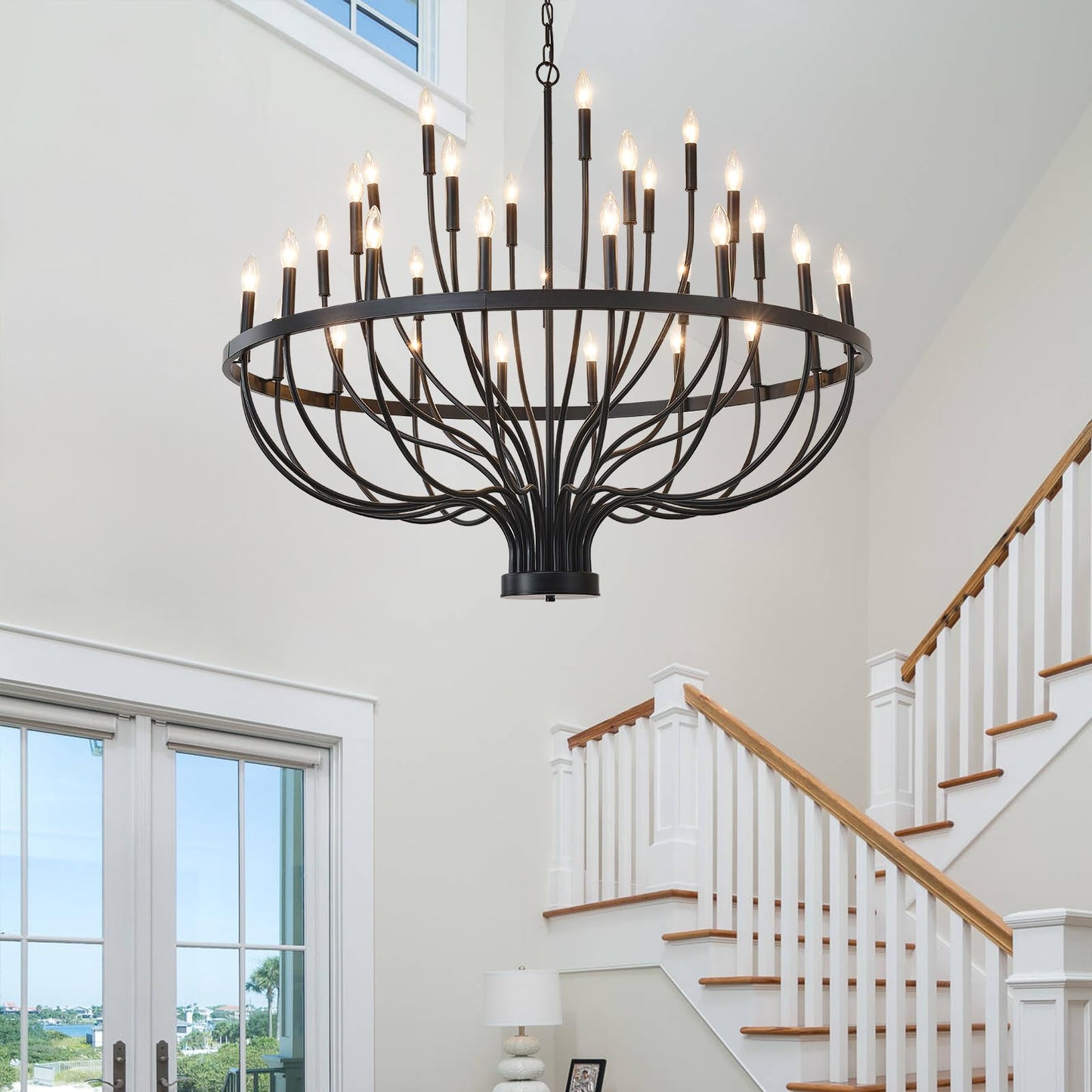 HHR 48-Inch Farmhouse Foyer Chandelier Entryway High Ceiling, 33-Light Candle Chandelier Light Fixtures Modern Black Chandeliers for Dining Room Bedroom Hallway Kitchen Living Room