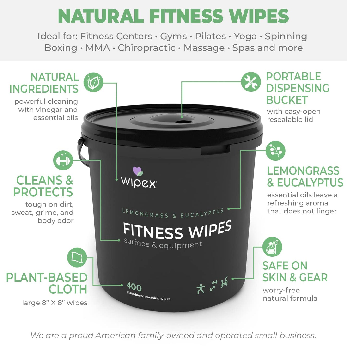 Wipex Yoga Mat Cleaner Gym Wipes - Plant-Based Lemongrass, Eucalyptus & Vinegar Wipes for Fitness Equipment & All Purpose Gym Cleaning - Safe for Peloton Bikes & Treadmills - 400 Count