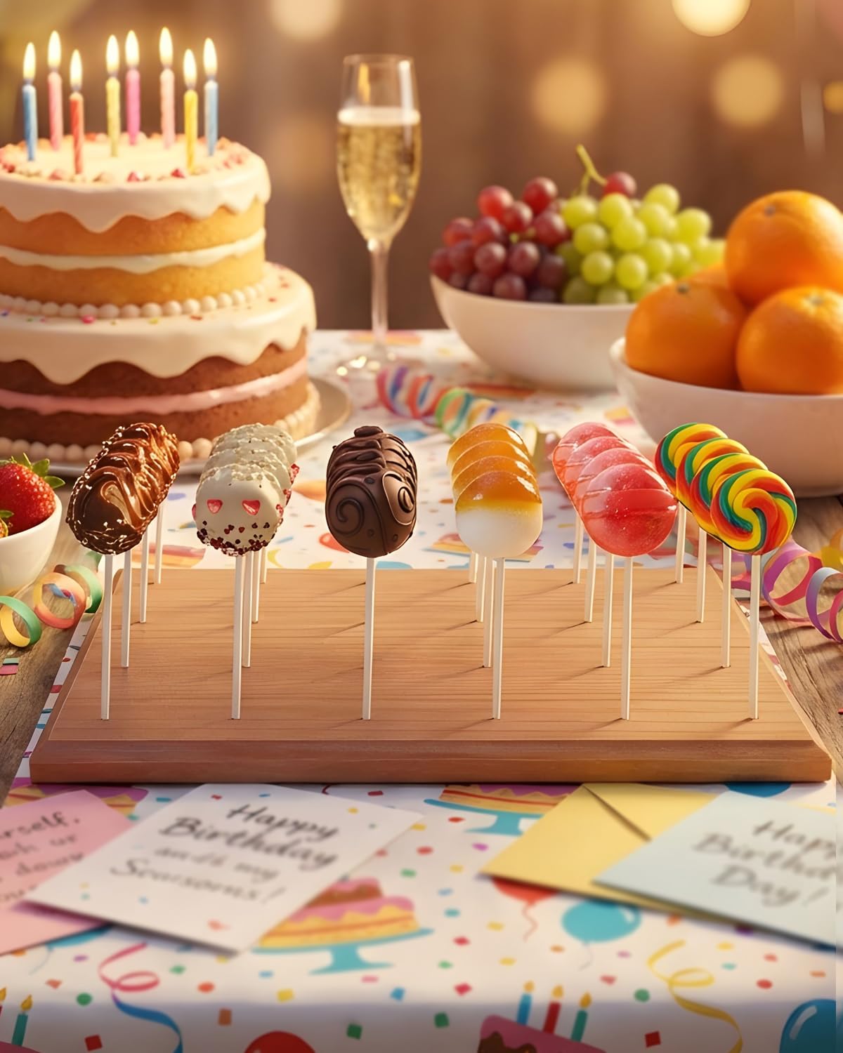 Wooden Cake Pop Stand for Drying, 24 Holes Cake Pop Display Stand with Sticks and Treat Bags, Wood Lollipop Holder for Party Anniversaries Holiday (Walnut, Stand+Sticks+Bags)