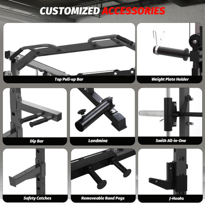 Garvee Power Cage, Smith Machine Squat Rack, Heavy Duty Power Rack for Home Gym with Pulley System, Dip Bar, LAT Pulldown, Multifunctional Squat Rack for Home Gym