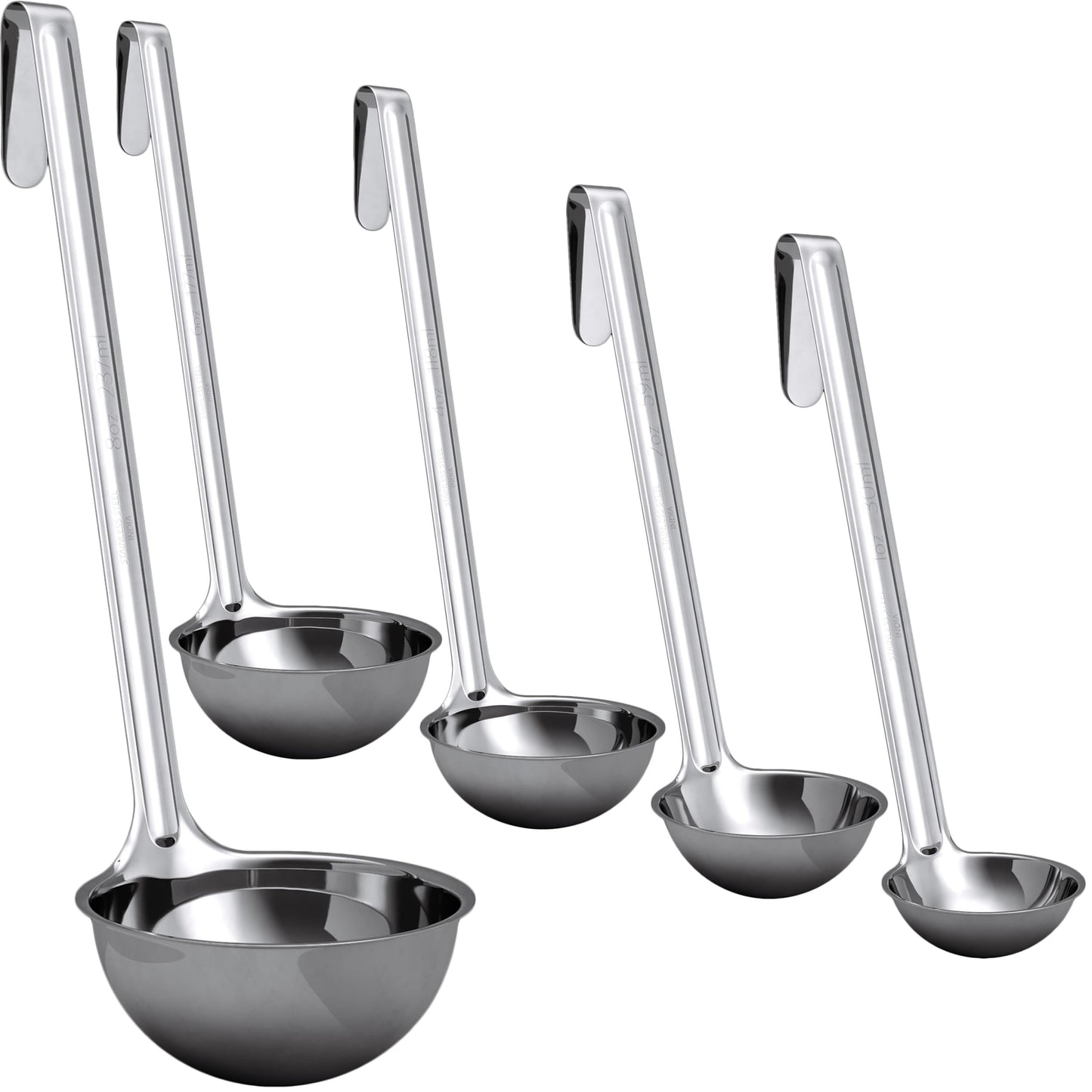 Sturdy, Ergonomic Combo Sizes Ladles 5 Pk. 1 2 4 6 8 Oz Stainless Steel Ladle with Long Handles. Best Kitchen Supplies for Stirring, Portioning and Serving Soup, Chili and Stew in Restaurants and Home
