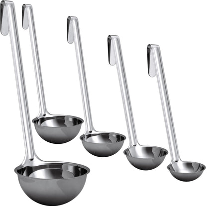 Sturdy, Ergonomic Combo Sizes Ladles 5 Pk. 1 2 4 6 8 Oz Stainless Steel Ladle with Long Handles. Best Kitchen Supplies for Stirring, Portioning and Serving Soup, Chili and Stew in Restaurants and Home