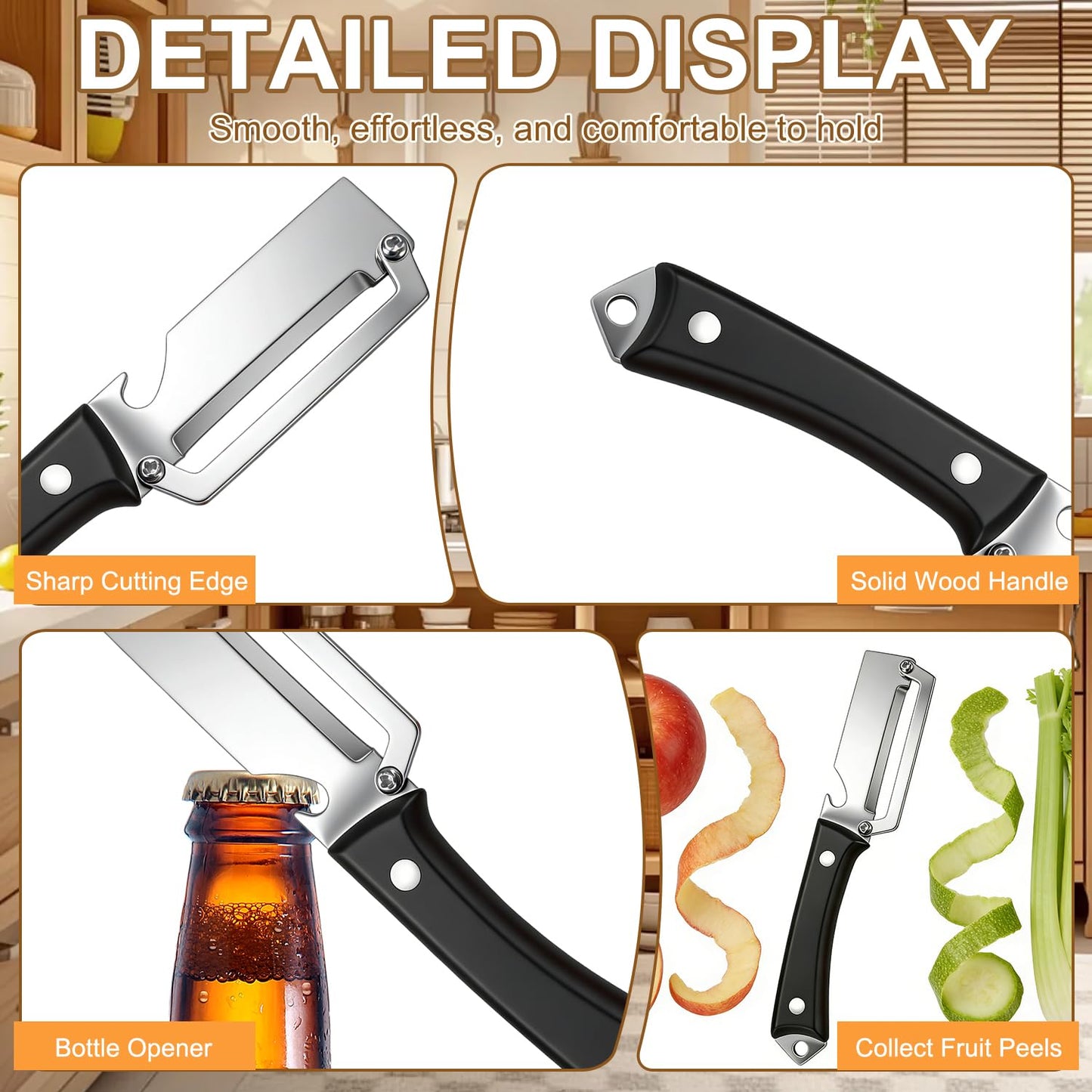 2PCS Premium Vegetable Peeler with Wooden Handle and Bottle Opener,Multifunctional 2-in-1 Stainless Steel Kitchen Tool for Potato Fruit Pineapple Pumpkin Papaya Carrot Vegetable Peeler(Mix)