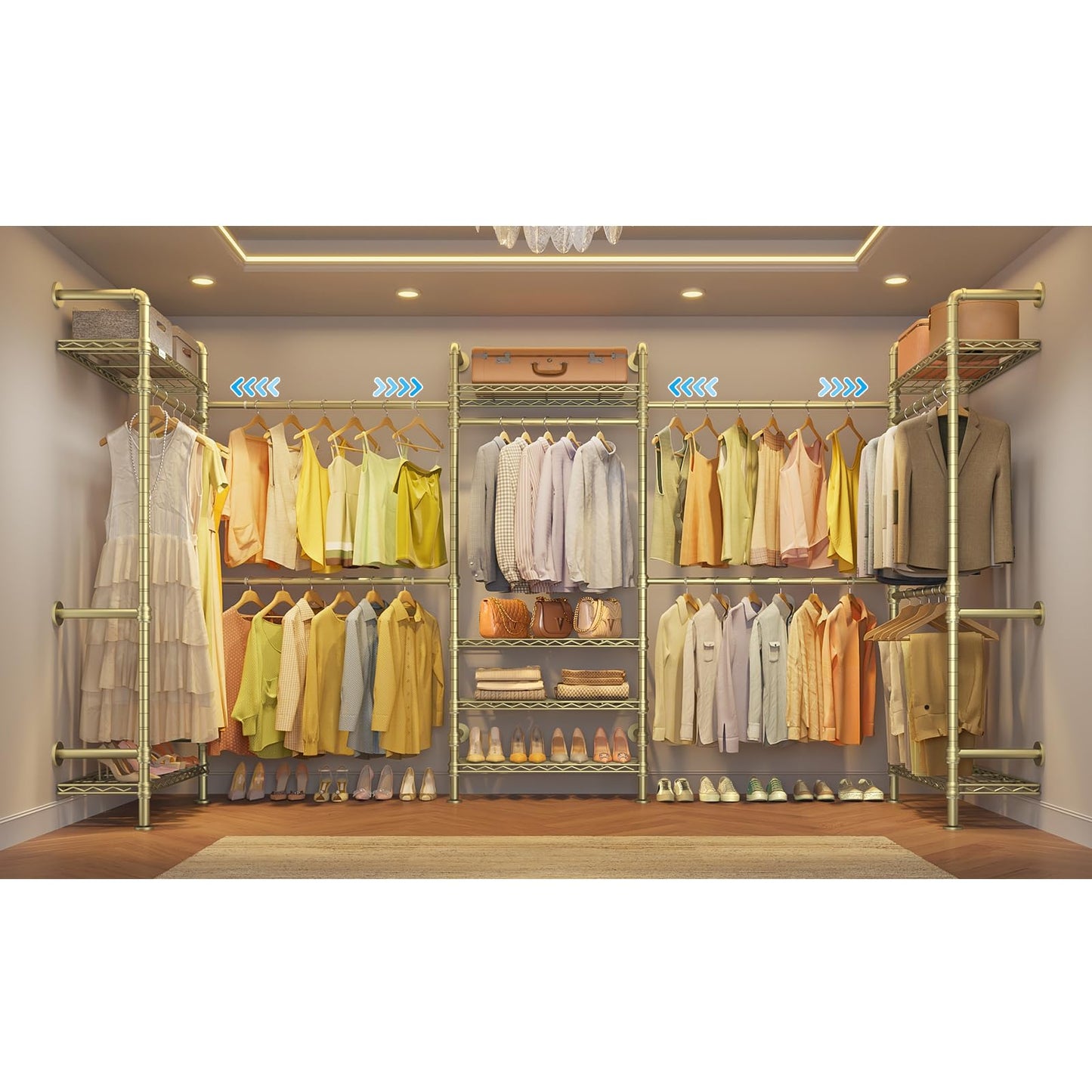 Timate U5 Expandable Wall Mounted Clothes Rack, Walk in Closet, Heavy Duty Industrial Pipe Clothing Rack with 4 Expandable Hanger Rods & 8 Adjustable Shelves, Fits Spaces 8'- 10', Gold
