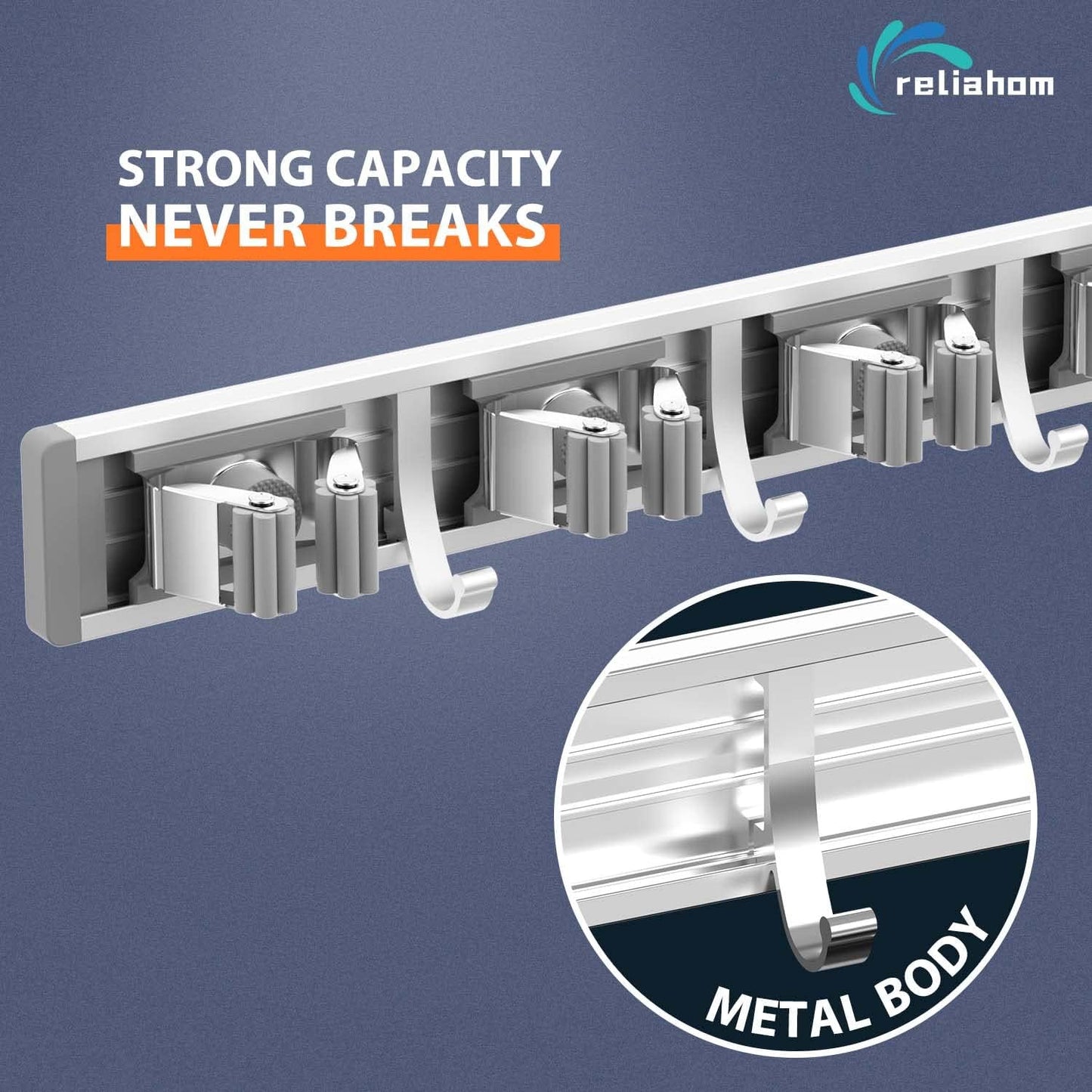 Reliahom Broom Holder Wall Mount - 2 Pack with 5 Racks & 4 Hooks for Garage, Kitchen, Garden Storage
