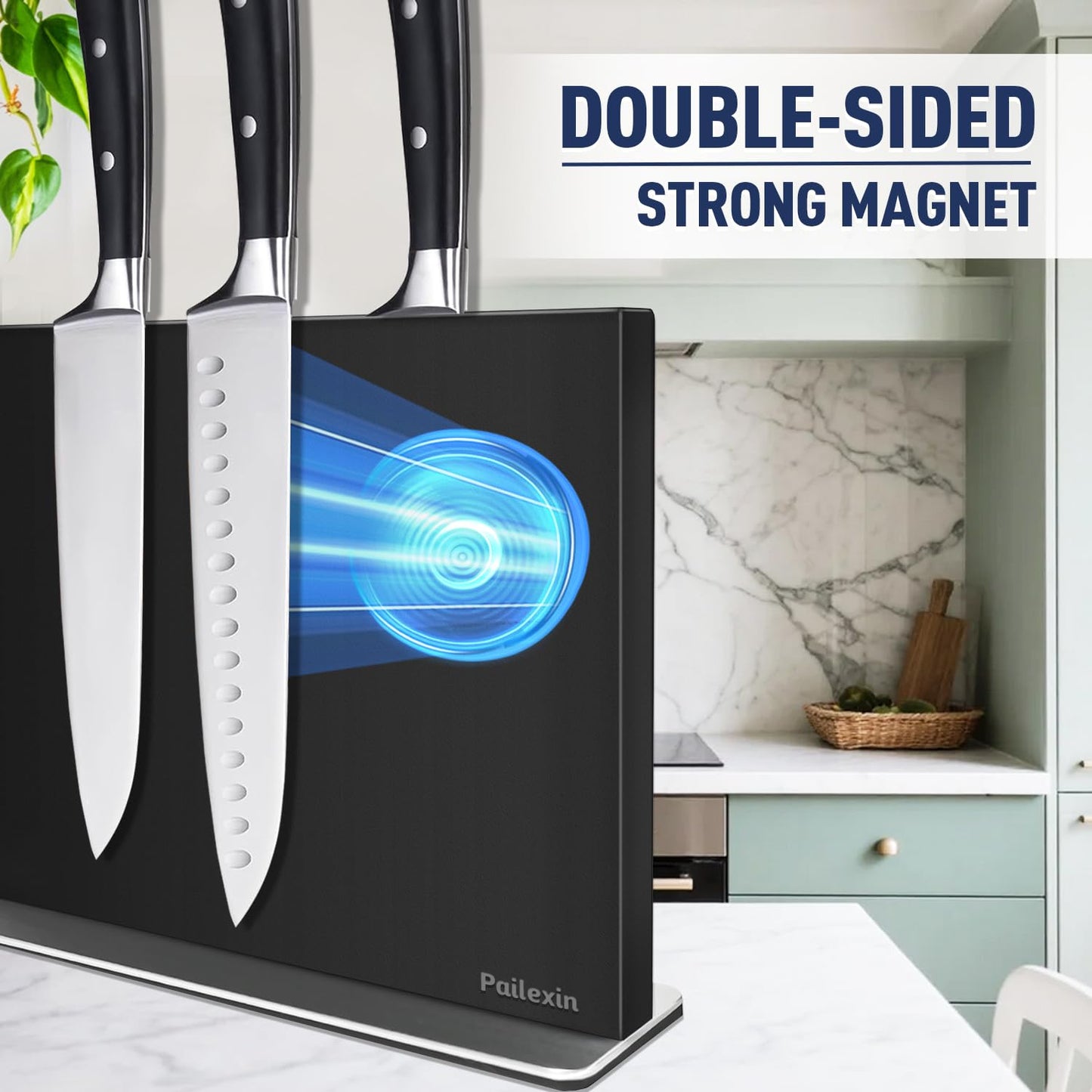 Pailexin Magnetic Knife Block Without Knives—Black Stainless Steel Double-Sided Magnetic Knife Holder Stand with Strong Magnets, Knife Storage Organizer for Kitchen Counter top