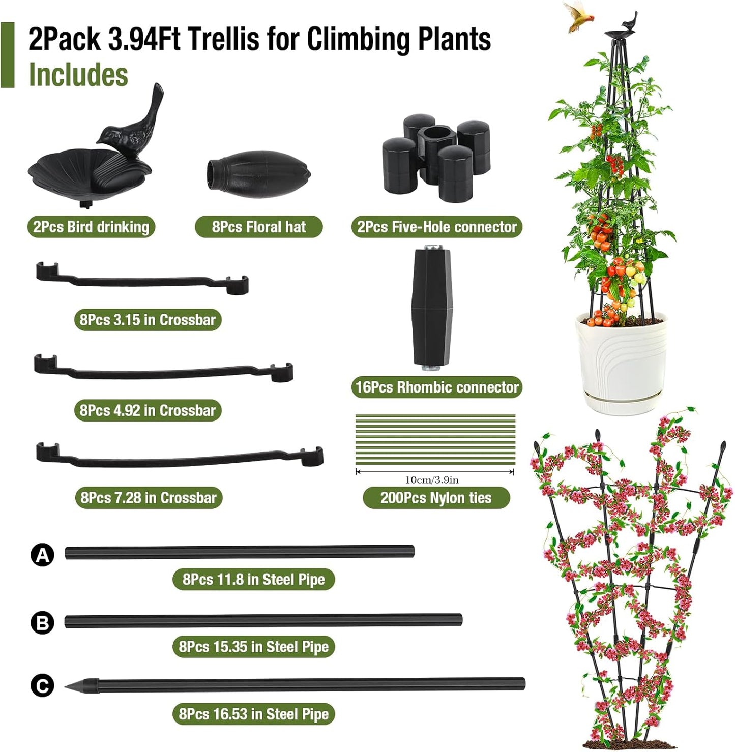 4Ft 2Packs Garden Trellis for Climbing Plants Outdoor, Trellis for Monstera Plants Indoor Large, Tower Obelisk
