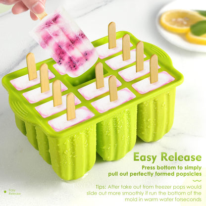 Popsicle Molds Silicone BPA-free,12 Pieces Popsicle Trays for Freezer,Homemade Ice Cream Popsicle Molds,Large Ice Pop Maker Set,Moldes Para Paletas,Ice Lolly Moulds with 100PCS Popsicle Sticks(Green)