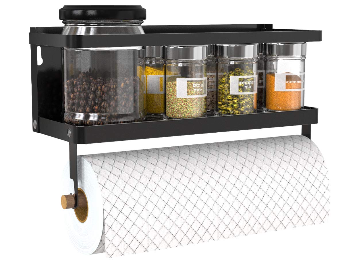 Hoopoton Magnetic Paper Towel Holder, 2-in-1 Magnetic Spice Rack with Hooks,Wall Mount Shelf Towel Rack for Refrigerator (Black, With hook)