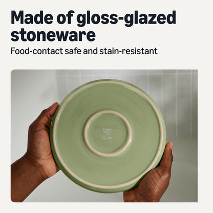 Amazon Basics Glazed Stoneware Dinnerware, 12-Piece Set, 4 Full Place Settings, Microwave and Dishwasher-Safe, Olive