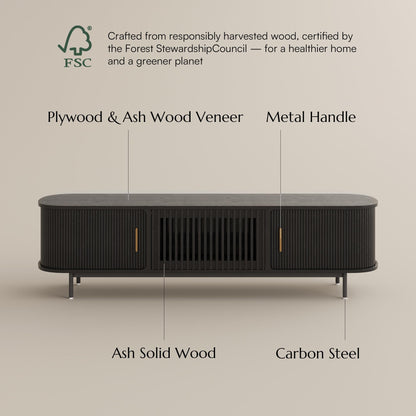 POVISON Fully-Assembled Mid Century Modern TV Stand for 65 inch TV, Sliding Door Entertainment Center with Storage, Wood TV Console, Media Console for Living Room Bedroom(Black, 70.87")