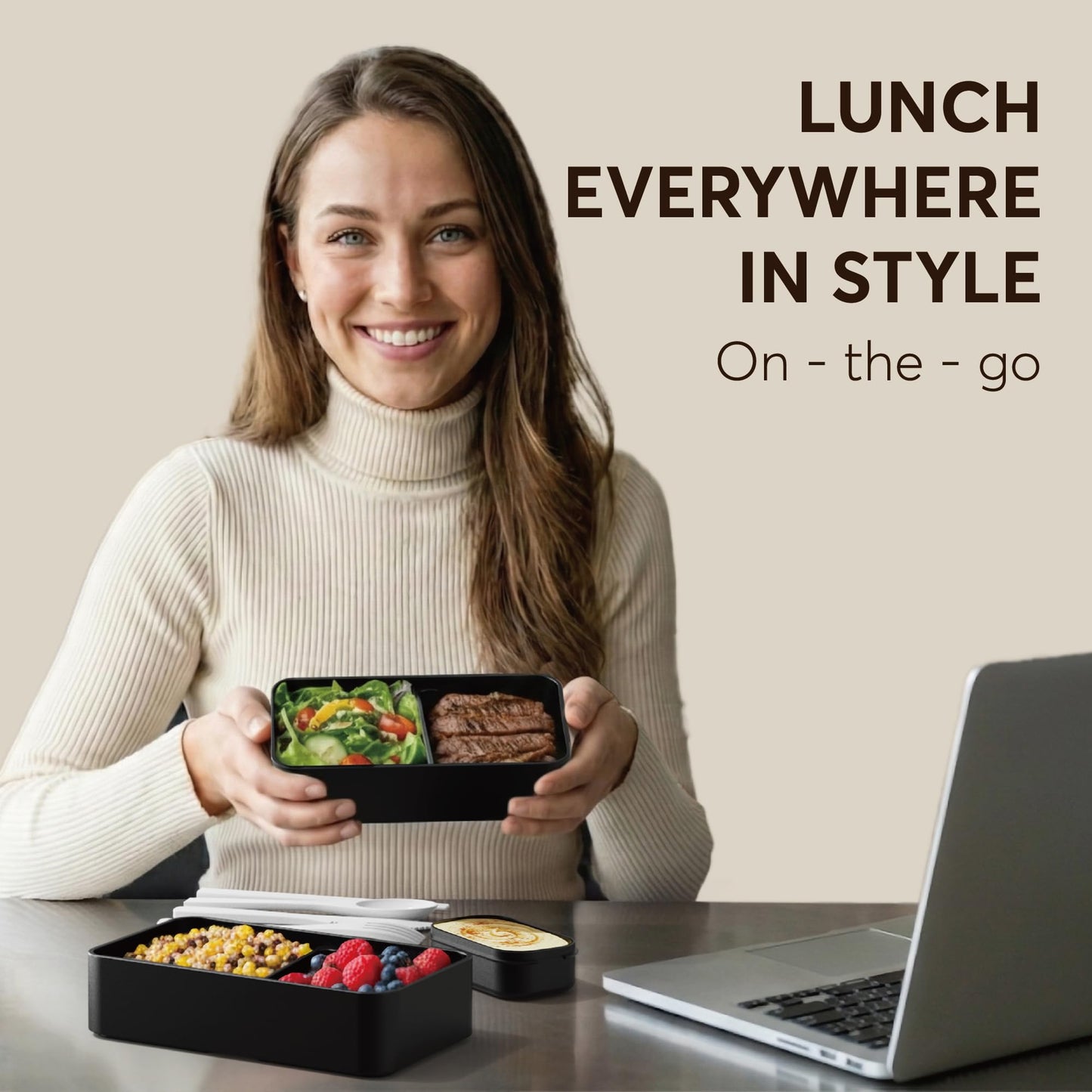 Umami Bento Box Adult All-In-1 w/4 Utensils, Big Sauce Jar, 2 Dividers, 100% Leakproof, Microwave & Dishwasher Safe Stackable Bento Lunch Box Containers for Men/Women, Black & Bamboo, 40 oz