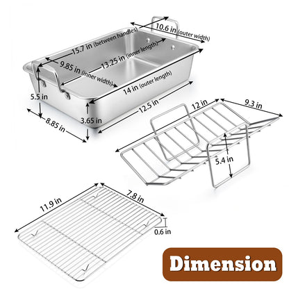 P&P CHEF 14" Roaster Roasting Pan with Baking Rack and V-shaped Rack, Stainless Steel Rectangular Lasagna Pan with Handles for Turkey Chicken, Healthy & Dishwasher Safe, 3 Pieces, Silver