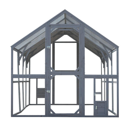KEIKI 110" L Outdoor Large Chicken Coop with Waterproof Cover, Wire Mesh & 2 Lift Small Doors with Locks, Wood Chicken Coop House for Cat Kitten, Duck, Rabbit, Quail Playpen