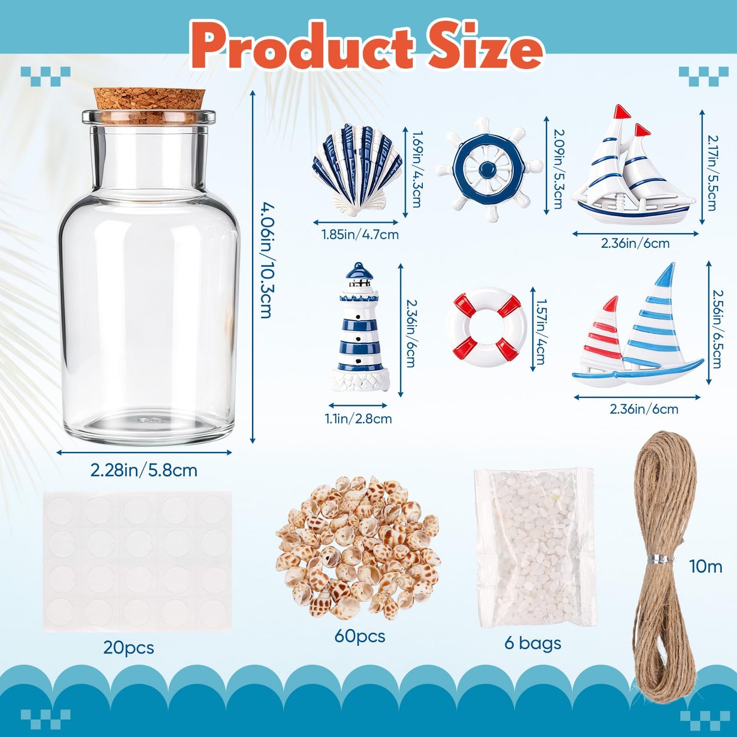 Gandeer 6 Pack Beach Glass Bottles with Cork Honeymoon Sand Jar White Sand Rocks Natural Sea Shells for Coastal Beach Room Decor Home Tabletop Summer Decorations Bridal Shower Gifts