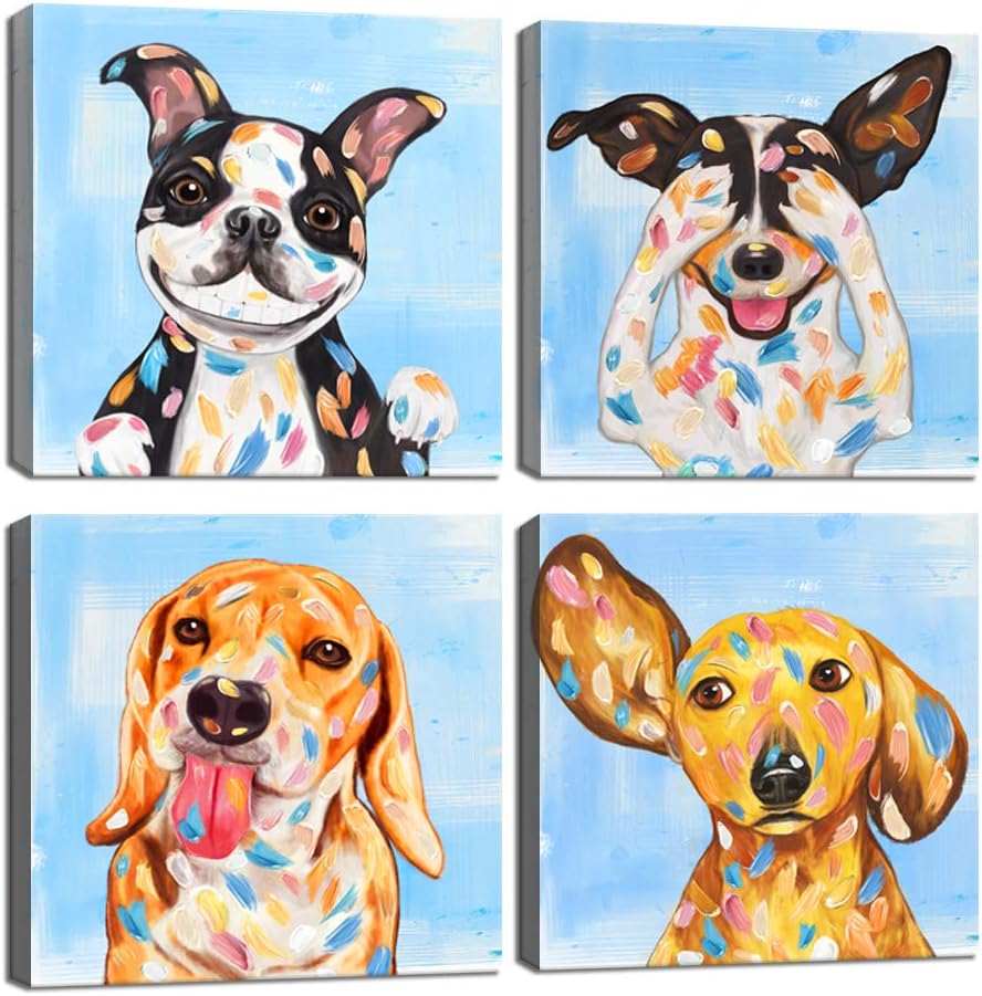 12x12inchx 4 KLVOS Abstract Puppy Artwork Dog Painting Funny Animal Pictures Wall Decor Print on Canvas Gallery Wrapped